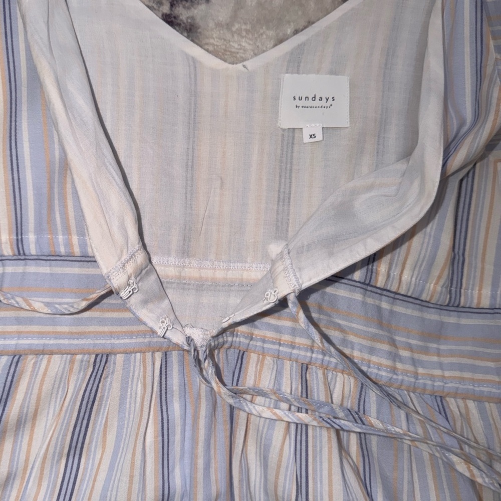 Anthro Sundays 100% Cotton Blue Striped Flutter Sleeve Tiered Ruffle Maxi Dress - Picture 6 of 6